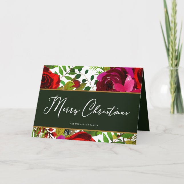 Cartes Pour Fêtes Annuelles Joyeux Noël Script Floral Vert et Blanc (Devant)