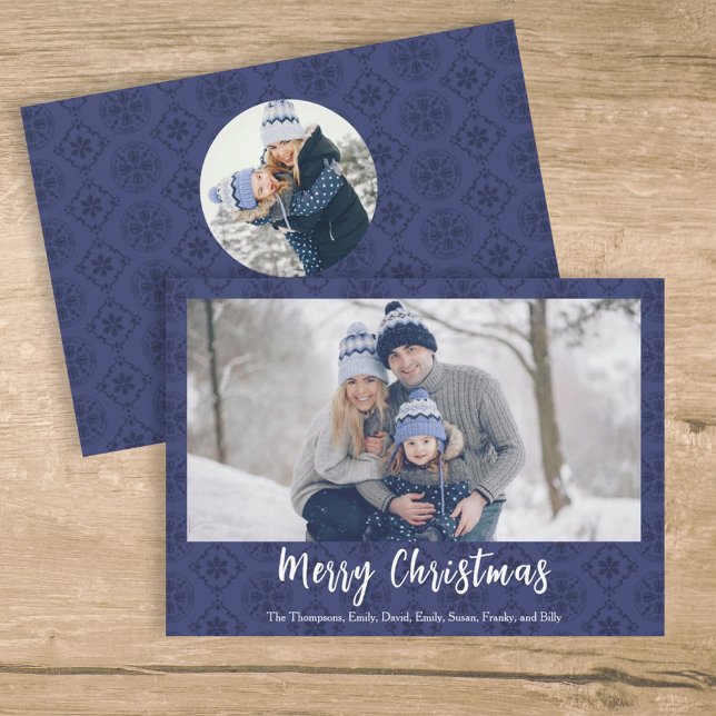 Cartes Pour Fêtes Annuelles Joyeux Noël Script Marine Blue Snowflake 2 Photo (Créateur téléchargé)