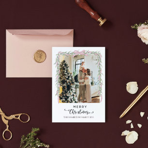 Cartes Pour Fêtes Annuelles Joyeux Noël Script Pink Bow Garland Photo