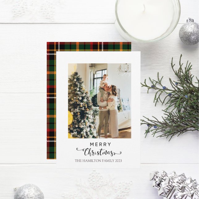 Cartes Pour Fêtes Annuelles Joyeux Noël Script Vert Jaune Photo Plaid (Créateur téléchargé)