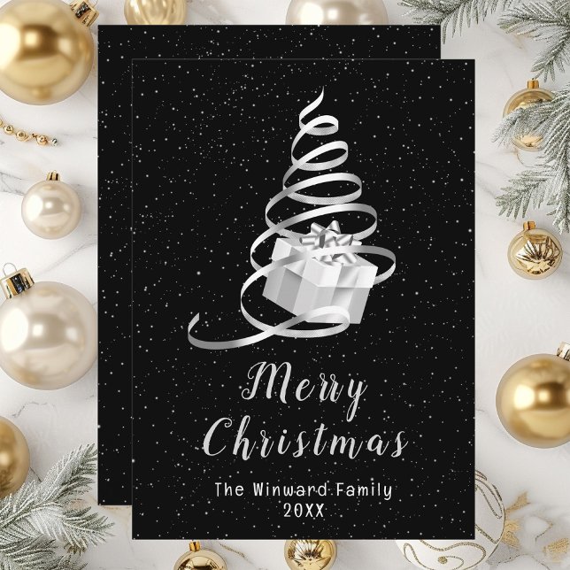 Cartes Pour Fêtes Annuelles Joyeux Noël Silver et Black Ribbon (Créateur téléchargé)
