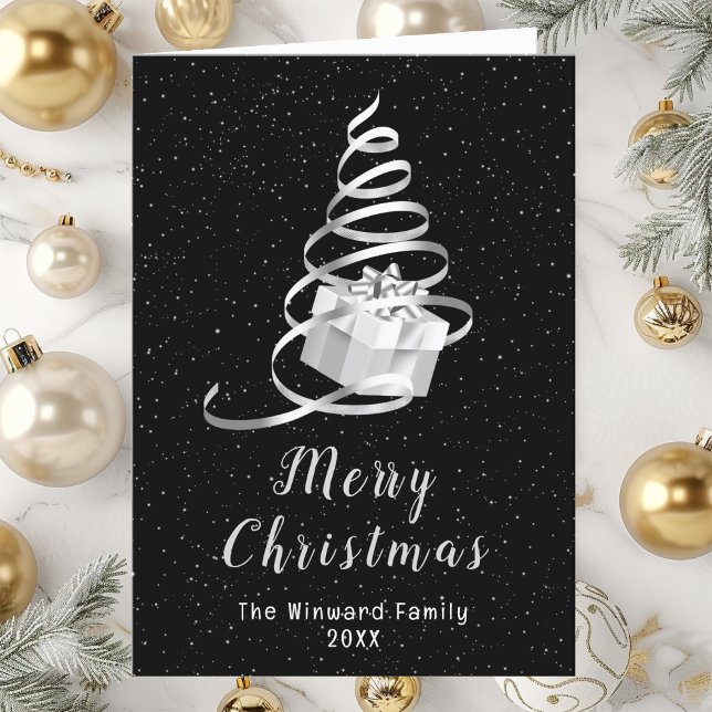 Cartes Pour Fêtes Annuelles Joyeux Noël Silver et Black Ribbon (Créateur téléchargé)
