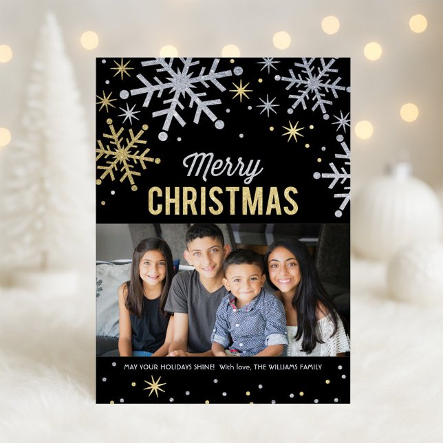 Cartes Pour Fêtes Annuelles Joyeux Noël Silver et Gold Sparkie Photo (Créateur téléchargé)