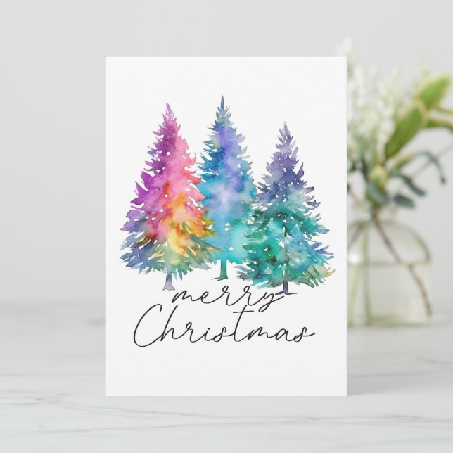 Cartes Pour Fêtes Annuelles Joyeux Noël simple aquarelle arbres de Noël (Debout devant)
