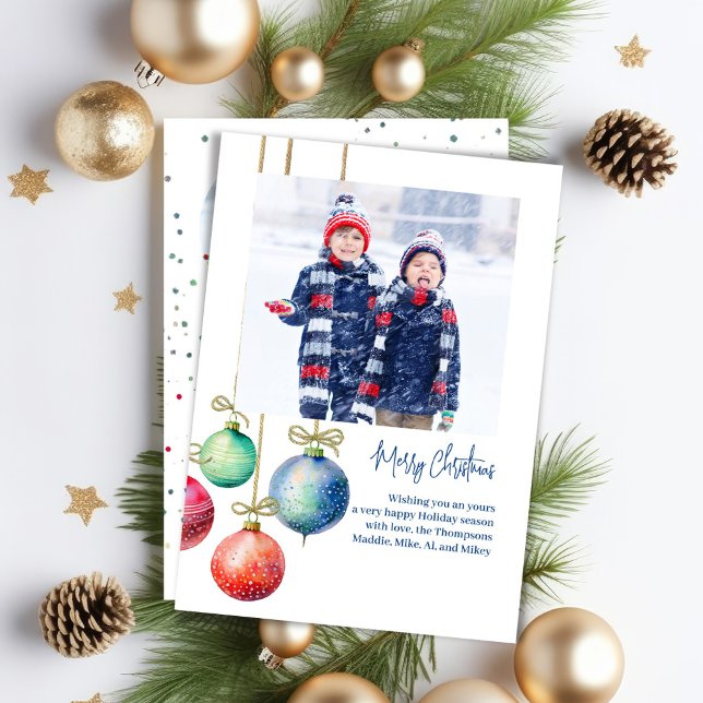 Cartes Pour Fêtes Annuelles Joyeux Noël Simple Aquarelle Ornements Photo (Merry Christmas holiday photo card with whimsical ornaments. )