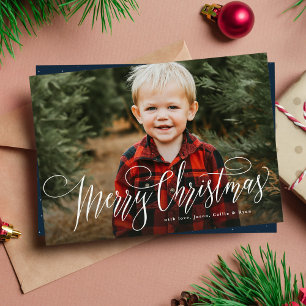 Cartes Pour Fêtes Annuelles Joyeux Noël simple une photo bleu marine