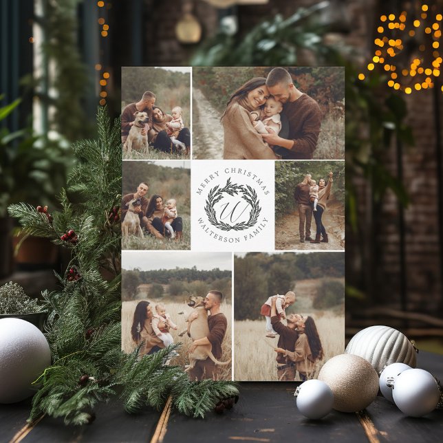 Cartes Pour Fêtes Annuelles Joyeux Noël Six Photo Garland Wreath Monogramme (Merry Christmas Six Photo Garland Wreath Monogram Holiday Card)