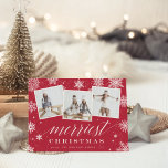 Cartes Pour Fêtes Annuelles Joyeux Noël | Snowflake 3 Photo Collage<br><div class="desc">Elégant carte photo de vacances présente trois photos carrés dans un plan collage,  avec "Merriest Christmas" en écriture blanche et bloc de lettres sur un arrière - plan rouge canneberge festif parsemé de flocons de neige. Personnalisez avec votre ou vos nom(s) et l'année en dessous.</div>