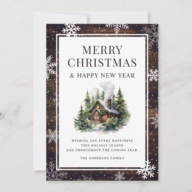 Cartes Pour Fêtes Annuelles Joyeux Noël Snowflakes Log Cabine (Devant)