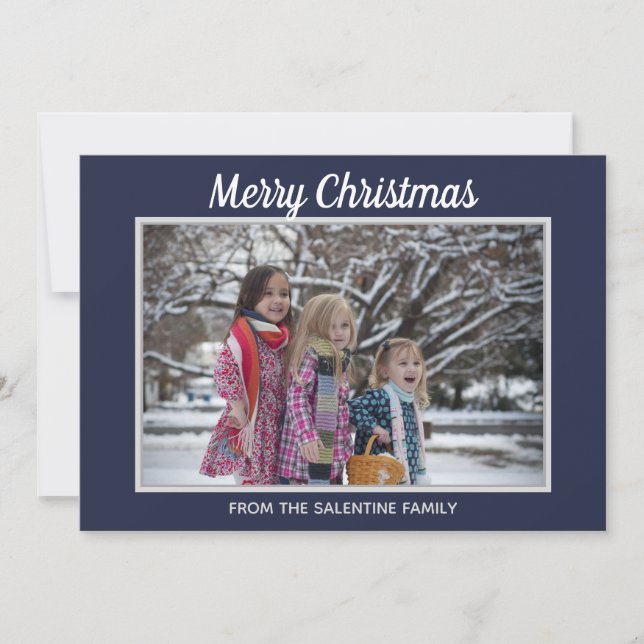 Cartes Pour Fêtes Annuelles Joyeux Noël Snowflakes Marine Blue Photo Cadre (Devant)