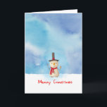 Cartes Pour Fêtes Annuelles Joyeux Noël Snowman Agitant Et Souriant<br><div class="desc">Carte de voeux de vacances avec une jolie illustration de bonhomme de neige. Il porte un casquette de fourche noir, tient une pipe à base de maïs classique et porte une écharpe rouge. Debout dans la neige blanche et froide, souriant et saluant. L'arrière - plan est composé d'un ciel d'aquarelle...</div>