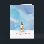 Cartes Pour Fêtes Annuelles Joyeux Noël Snowman Agitant Et Souriant<br><div class="desc">Carte de voeux de vacances avec une jolie illustration de bonhomme de neige. Il porte un casquette de fourche noir, tient une pipe à base de maïs classique et porte une écharpe rouge. Debout dans la neige blanche et froide, souriant et saluant. L'arrière - plan est composé d'un ciel d'aquarelle...</div>