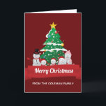 Cartes Pour Fêtes Annuelles Joyeux Noël Snowman Famille mignonne Custom<br><div class="desc">Cette jolie carte de Noël présente une adorable famille de bonhomme de neige qui dessine devant un magnifique sapin de Noël. La bannière rouge festive est customisée de votre propre texte et l'intérieur peut être personnalisé avec votre propre salutation de vacances pour Noël.</div>