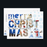 Cartes Pour Fêtes Annuelles Joyeux Noël Snowman Snowflake hiver<br><div class="desc">Mieux vaut se rappeler de Jésus et du don des salaisons ce Noël. Joyeux Noël Snowflake Winter Holiday Carte postale représentant un bonhomme de neige couleur mignon avec des flocons de neige et Joyeux Noël avec photo que vous pouvez remplacer par votre propre. Il présente la Bible Verse à l'arrière...</div>