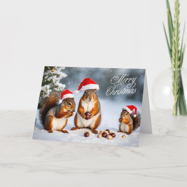 Cartes Pour Fêtes Annuelles Joyeux Noël Squirrel Famille de Santa Hats (Devant)