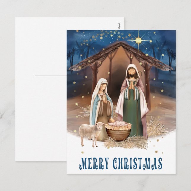 Cartes Pour Fêtes Annuelles Joyeux Noël. Tableau de la scène de la nativité (Devant / Derrière)