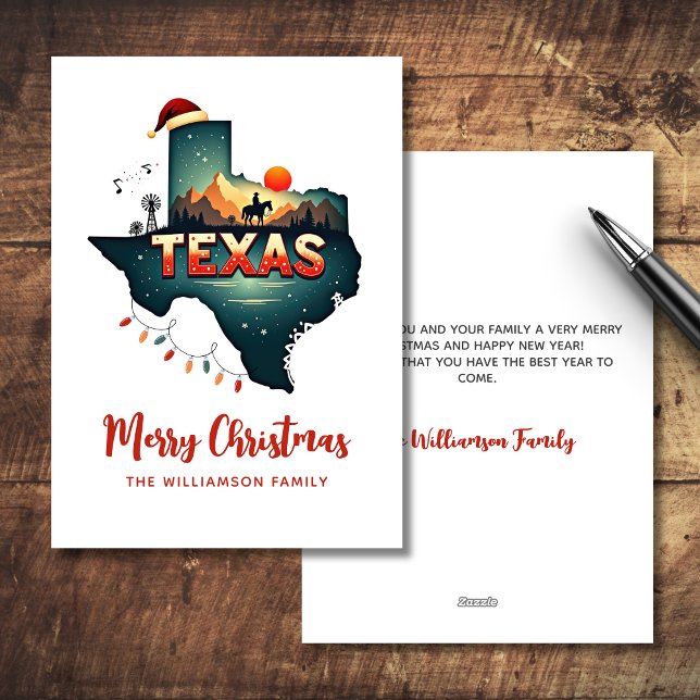 Cartes Pour Fêtes Annuelles Joyeux Noël Texas State Retro Personnalisé (Personalize with your message and Family Name, coordinating items available)