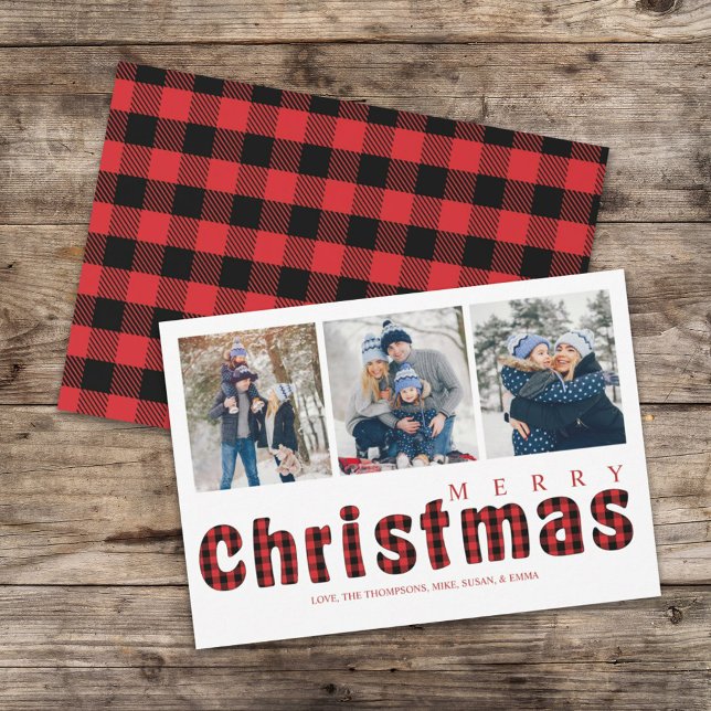 Cartes Pour Fêtes Annuelles Joyeux Noël traditionnel simple Buffalo Check (Merry Christmas red and black buffalo check typography multi photo greeting card. )