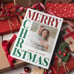 Cartes Pour Fêtes Annuelles Joyeux Noël Typographie Carrée Photo Rouge Vert