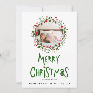 Cartes Pour Fêtes Annuelles Joyeux Noël typographie verte et photo de couronne
