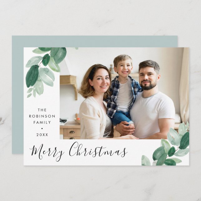 Cartes Pour Fêtes Annuelles joyeux noël verdure lettrage photo vacances c (Devant / Derrière)