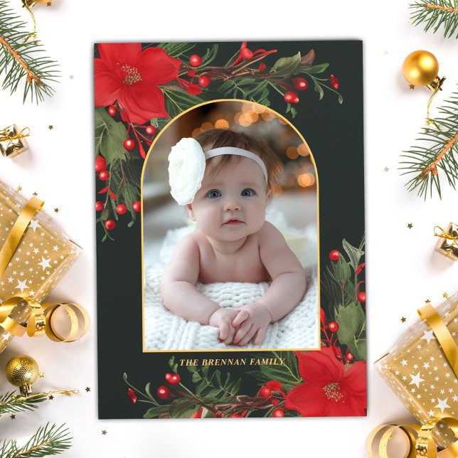 Cartes Pour Fêtes Annuelles Joyeux Noël vert 1 Photo Botanique Vert (Green Merry Christmas 1 Photo Botanical Greenery Holiday Card)