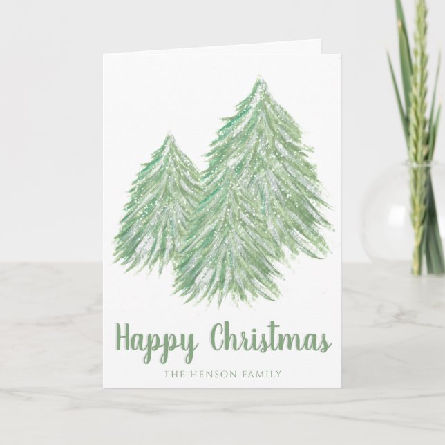 Cartes Pour Fêtes Annuelles Joyeux Noël Vert Aquarelle Arbre de Noël (Devant)