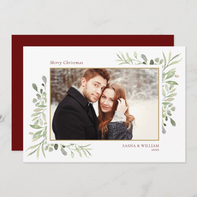 Cartes Pour Fêtes Annuelles Joyeux Noël vert Couple Photo (Devant / Derrière)