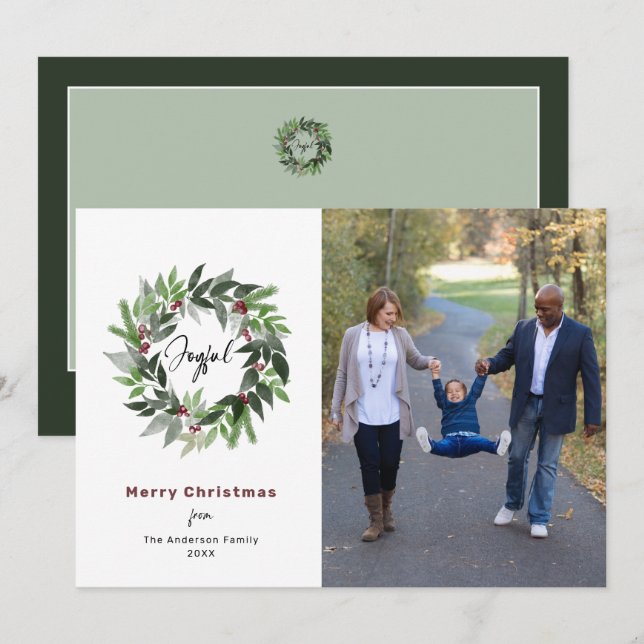 Cartes Pour Fêtes Annuelles Joyeux Noël vert Wreath Photo (Devant / Derrière)