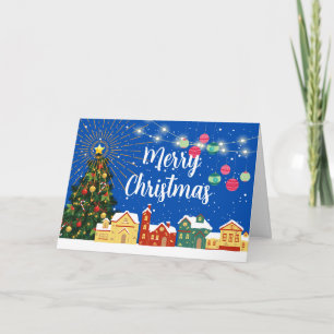 Cartes Pour Fêtes Annuelles Joyeux Noël Village enneigé et arbre décoré