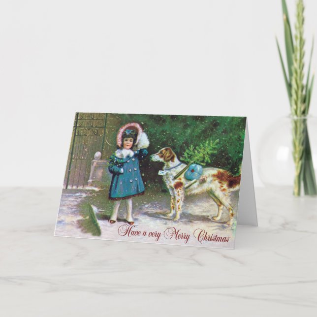 Cartes Pour Fêtes Annuelles Joyeux Noël vintage avec le chien de fille (Devant)