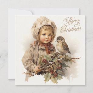 Cartes Pour Fêtes Annuelles Joyeux Noël Vintage enfant avec oiseau