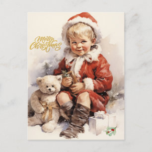 Cartes Pour Fêtes Annuelles Joyeux Noël Vintage enfant avec ours en peluche
