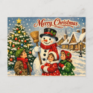 Cartes Pour Fêtes Annuelles Joyeux Noël Vintage Enfants et Bonhomme de Neige