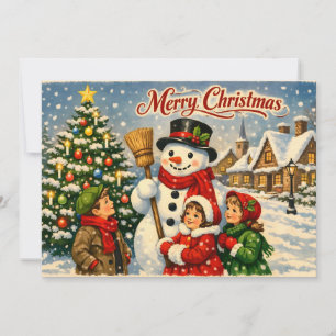 Cartes Pour Fêtes Annuelles Joyeux Noël Vintage Enfants et Bonhomme de Neige 