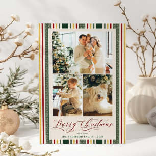 Cartes Pour Fêtes Annuelles Joyeux Noël Vintage Rouge Vert rayures 3 Photo