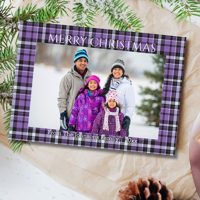 Cartes Pour Fêtes Annuelles joyeux noël violet chic tartan photo de famille (Créateur téléchargé)