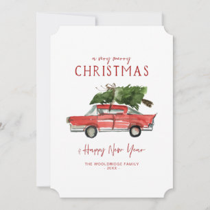 Cartes Pour Fêtes Annuelles Joyeux Noël Voiture rouge aquarelle