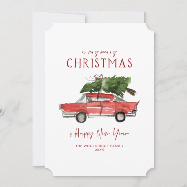 Cartes Pour Fêtes Annuelles Joyeux Noël | Voiture rouge Watercolor (Devant)