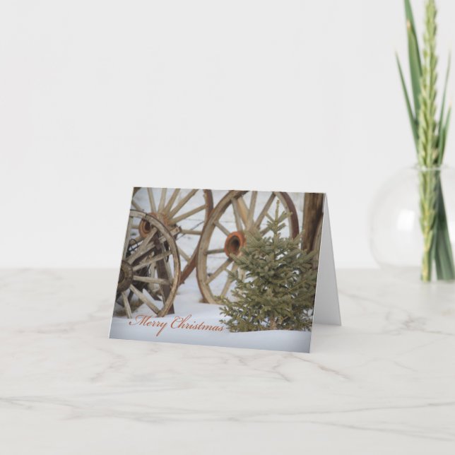 Cartes Pour Fêtes Annuelles Joyeux Noël Western Wagon Wheels et Pine Tree (Devant)