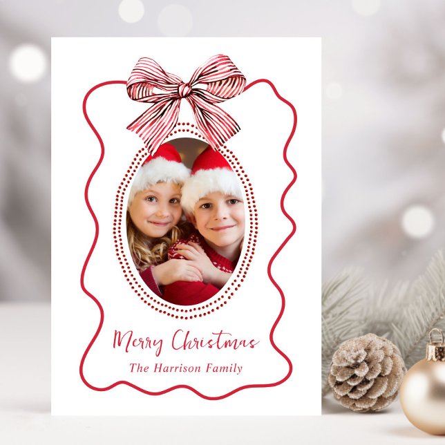 Cartes Pour Fêtes Annuelles Joyeux Noël Whimsical Red Wavy Frame Bow Photo (Picture-Perfect Memories: Create Your Custom Photo Christmas Card)