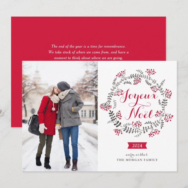 Cartes Pour Fêtes Annuelles Joyeux Noël Winterberries Wreath Photo de Noël (Devant / Derrière)