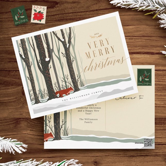 Cartes Pour Fêtes Annuelles Joyeux Noël Woodland Winter Forest Fox (Merry Christmas Woodland Winter Forest Fox Holiday Postcard)
