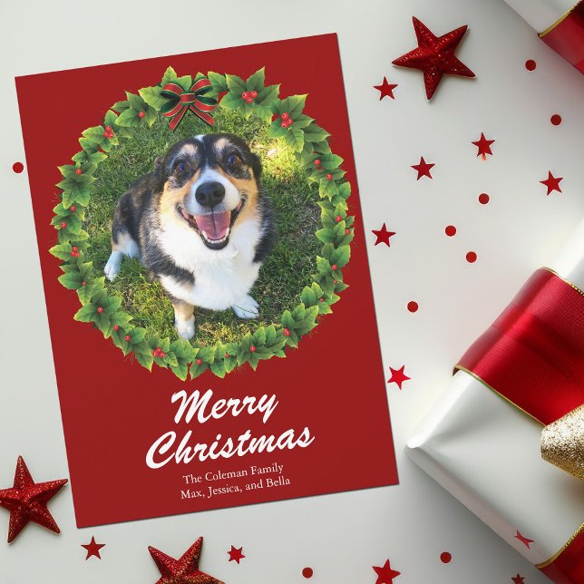 Cartes Pour Fêtes Annuelles Joyeux Noël Wreath Custom Pet Photo (Créateur téléchargé)