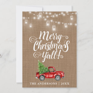 Cartes Pour Fêtes Annuelles Joyeux Noël Y'all Jar Lumières Camion Burlap