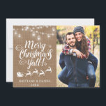 Cartes Pour Fêtes Annuelles Joyeux Noël Y'all Lights Burlap Couple Photo<br><div class="desc">Joyeux Noël Y'all Burlap String Lights Mason Jars Couple Photo Holiday Card - Burlap Back</div>