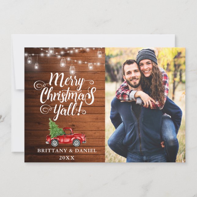 Cartes Pour Fêtes Annuelles Joyeux Noël Y'all Lumières Bois Camion Photo (Devant)