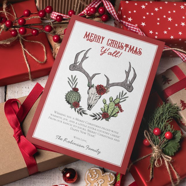 Cartes Pour Fêtes Annuelles Joyeux Noël Y'All Reindeer Skull and Cactus (Country Western Merry Christmas Y'All Xmas Card. Hand-Drawn Reindeer, Antlers, Cactus, Red Roses.)