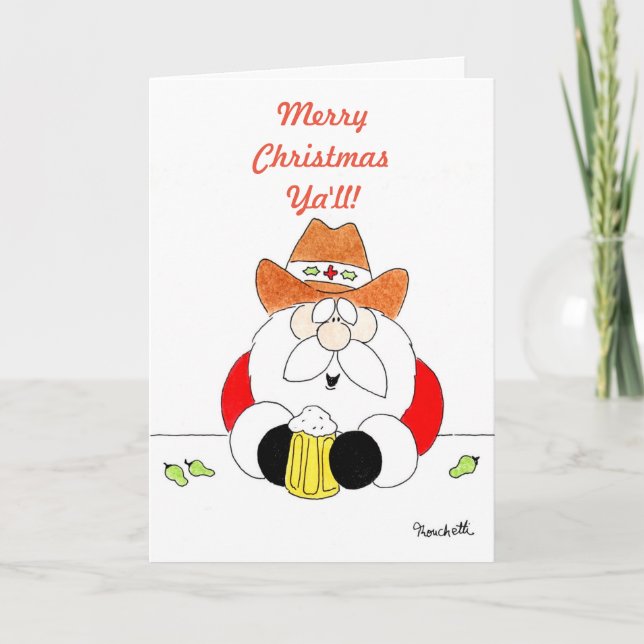 Cartes Pour Fêtes Annuelles Joyeux Noël Ya'll Texas Père Noël avec bière (Devant)