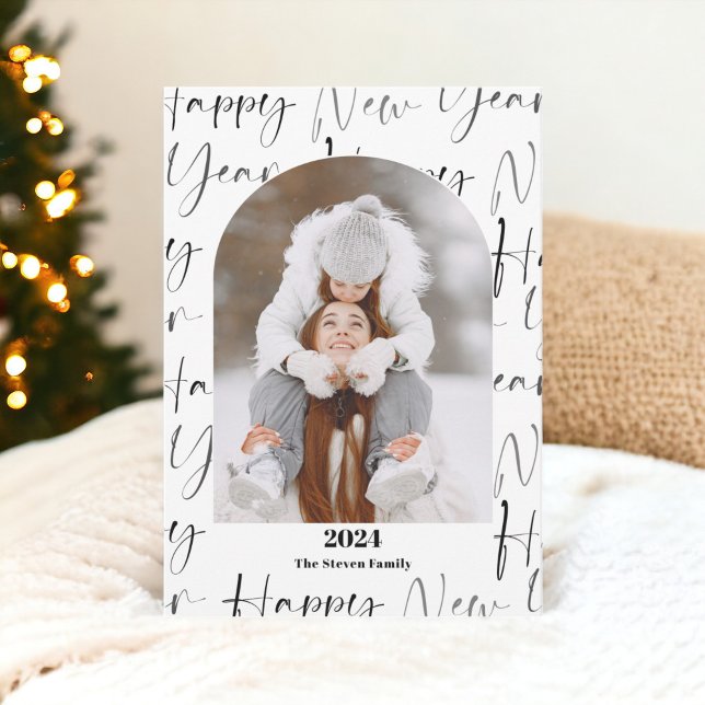 Cartes Pour Fêtes Annuelles Joyeux Nouvel An 2024 bold script 4 photos noir (Happy New Year 2024 bold script 4 photos black Holiday Card)